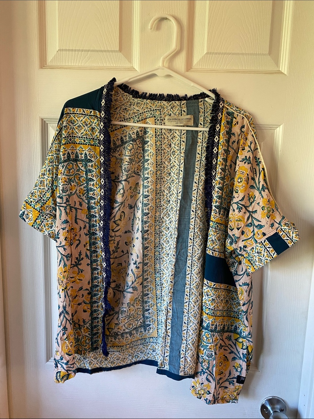 Boho Floral Open-Front Kimono Tunic in Cream & Teal Fringes Made in Colombia